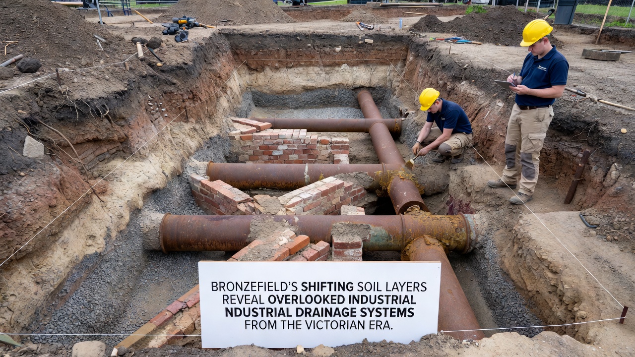 Close-up of excavated Victorian drainage pipes and brickwork revealed by soil erosion in Bronzefield